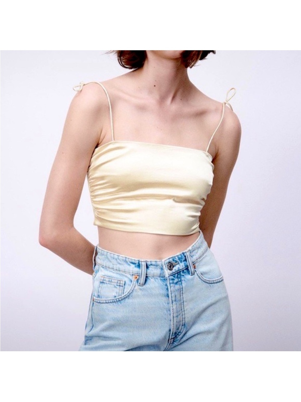 Zara minimalist premium Satin Tie-Shoulder Crop Top — Cream